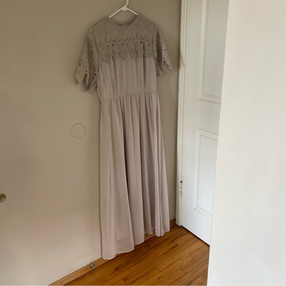 Elegant Lace Overlay Grey Maxi Dress